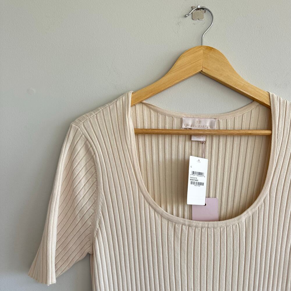 Rachel Parcell Ribbed Knit Scoop Neck Short Sleeve Midi Dress Beige Faded L - Picture 6 of 11